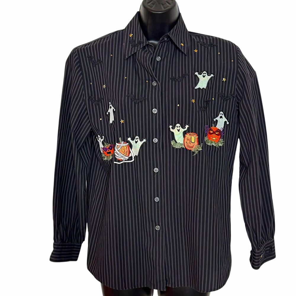 Vtg Karen Scott Sport Halloween Striped Shirt Top S Ghost Pumpkin Bat Spooky 90s